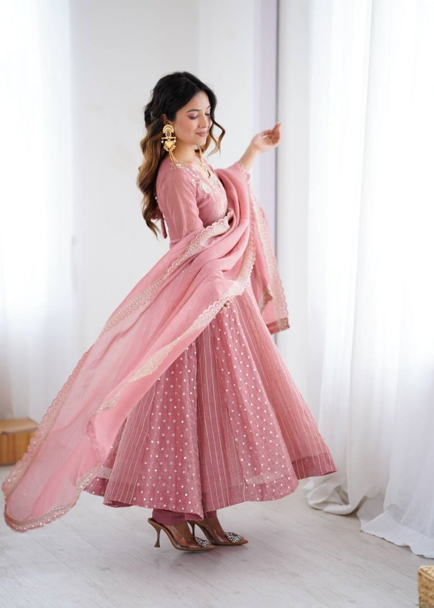 Dusty Rose Embroidered Anarkali Gown Set with Dupatta for Women - YASHIFASHION