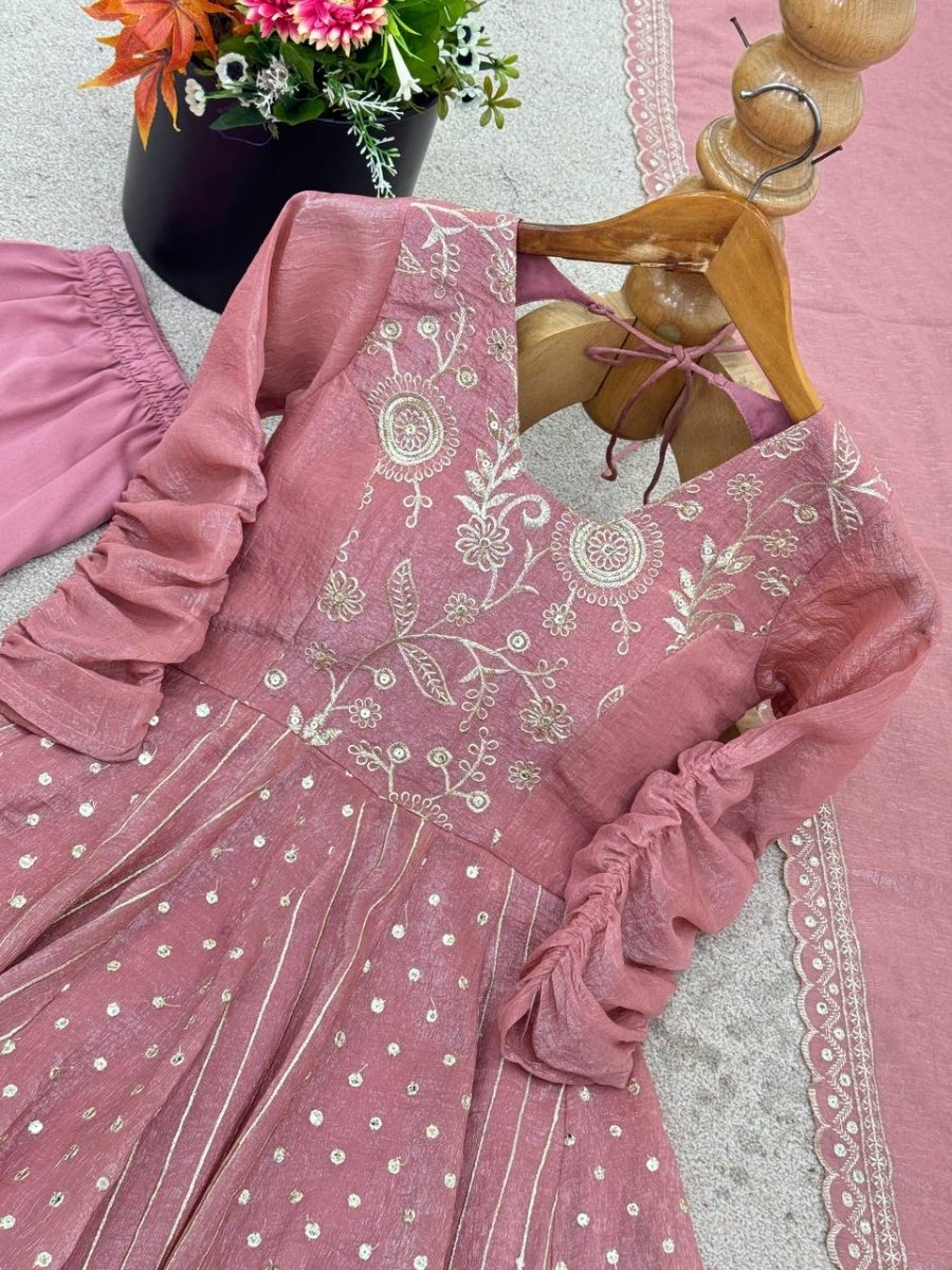 Dusty Rose Embroidered Anarkali Gown Set with Dupatta for Women - YASHIFASHION
