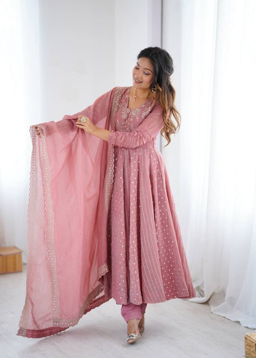 Dusty Rose Embroidered Anarkali Gown Set with Dupatta for Women - YASHIFASHION