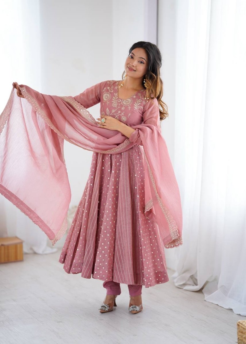 Dusty Rose Embroidered Anarkali Gown Set with Dupatta for Women - YASHIFASHION