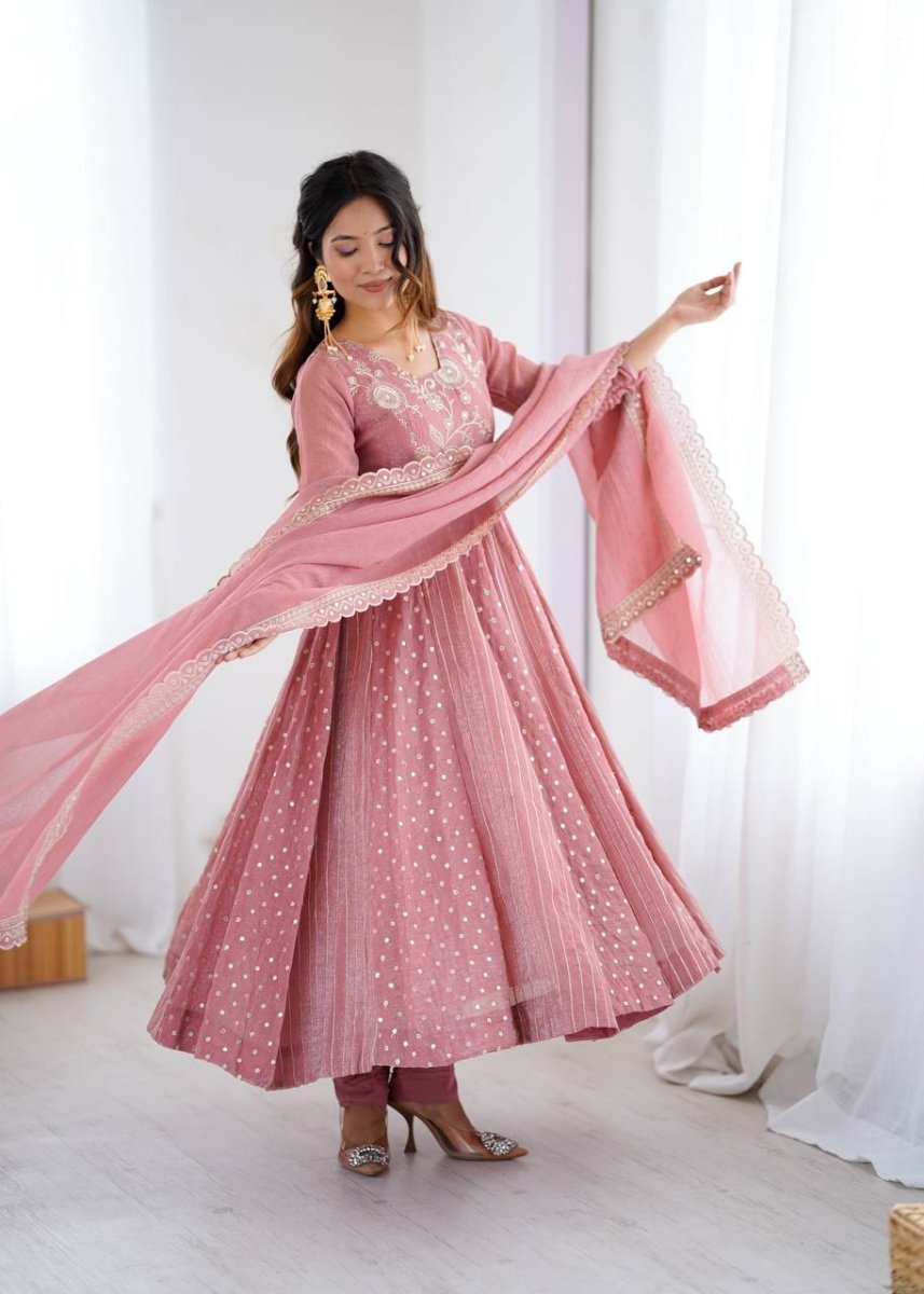 Dusty Rose Embroidered Anarkali Gown Set with Dupatta for Women - YASHIFASHION
