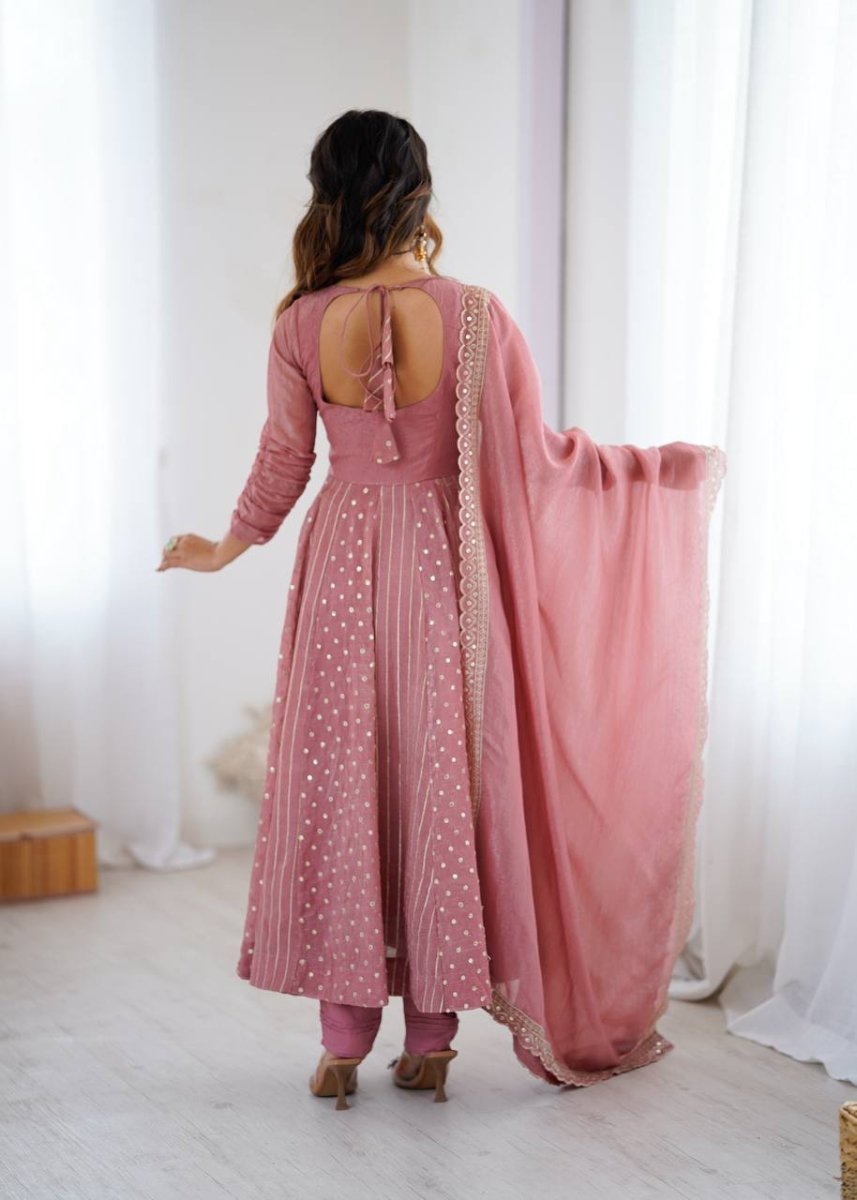Dusty Rose Embroidered Anarkali Gown Set with Dupatta for Women - YASHIFASHION