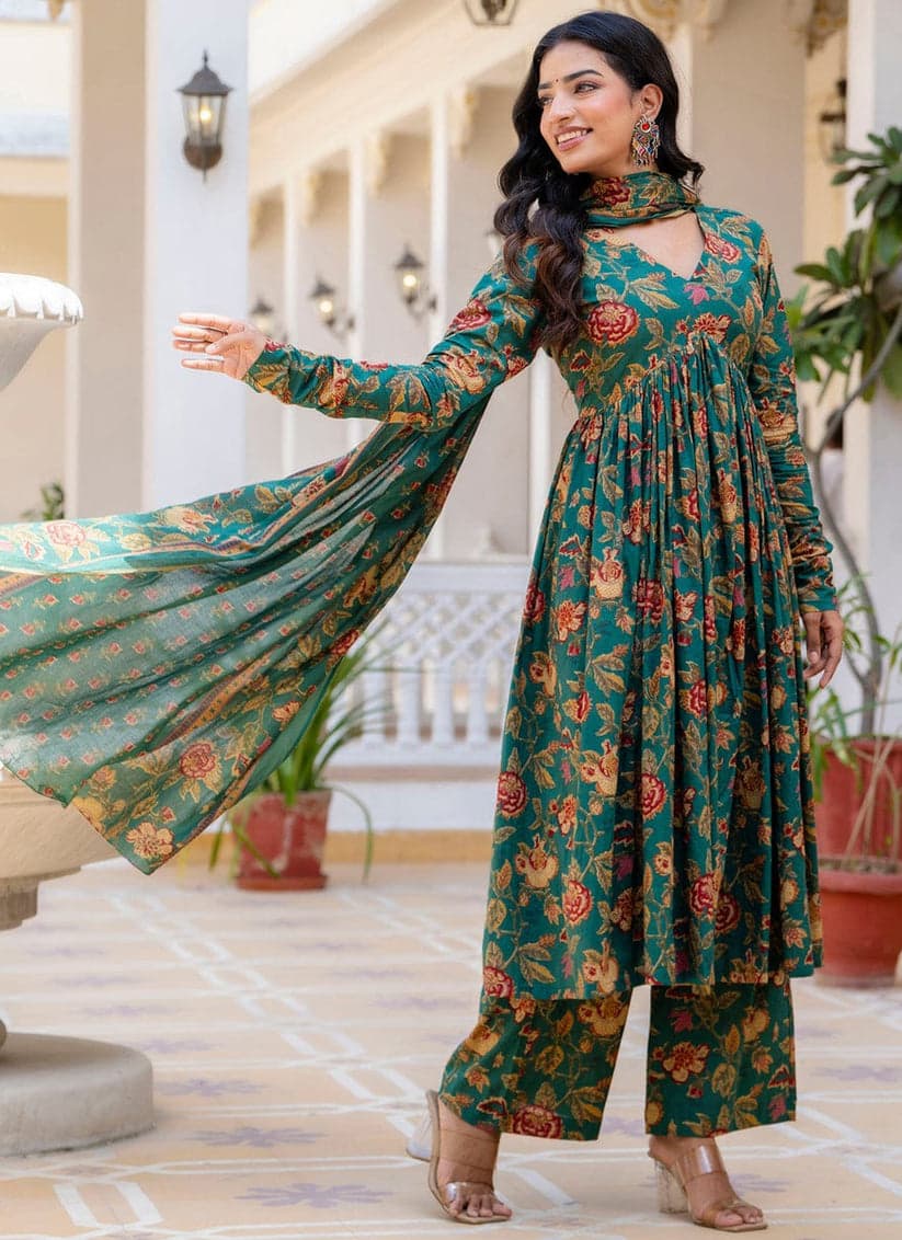 Emerald Green Floral Anarkali Kurta Set with Dupatta for Women | Festive Ethnic Wear - YASHIFASHION