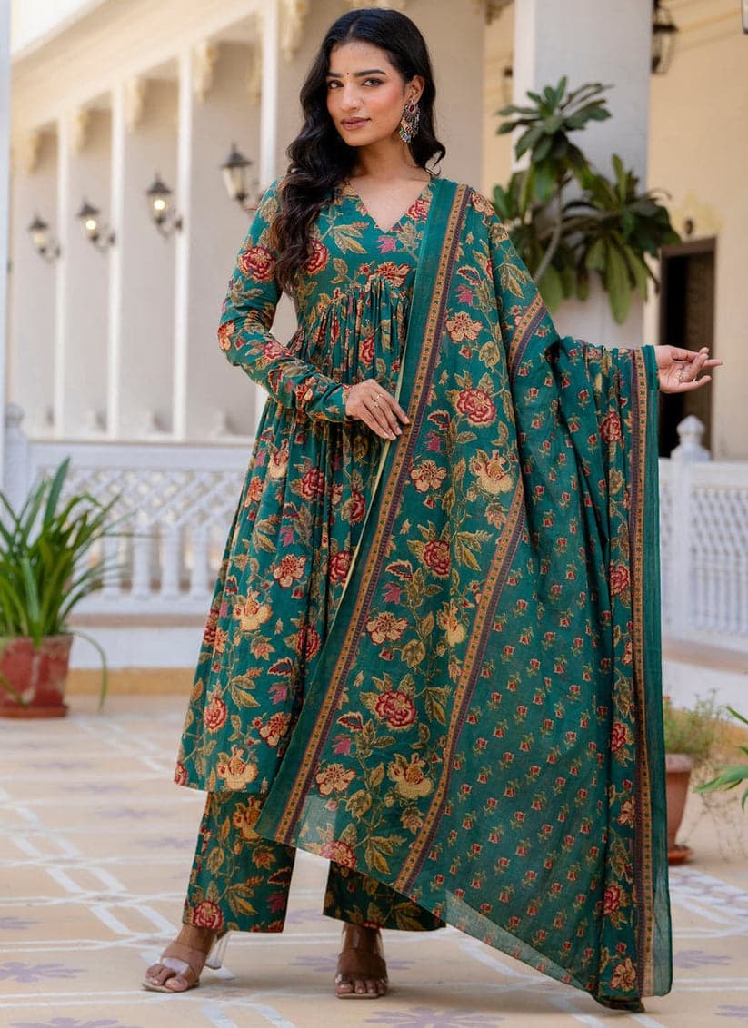 Emerald Green Floral Anarkali Kurta Set with Dupatta for Women | Festive Ethnic Wear - YASHIFASHION