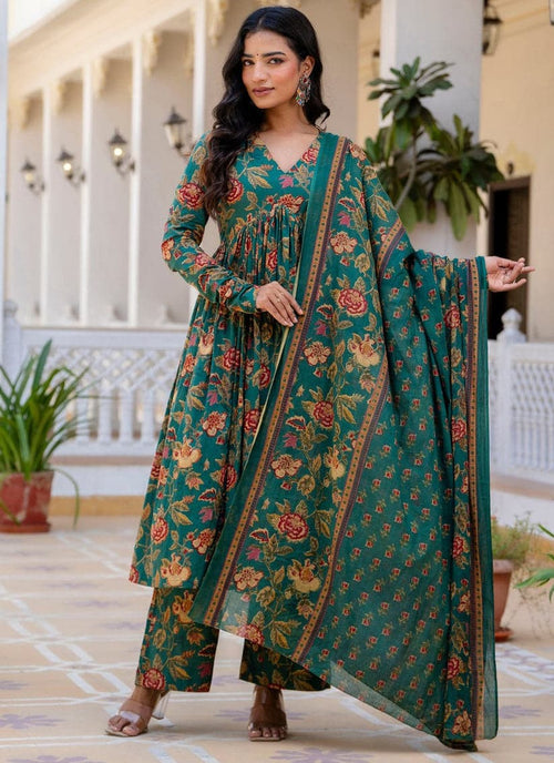 Emerald Green Floral Anarkali Kurta Set with Dupatta for Women | Festive Ethnic Wear - YASHIFASHION