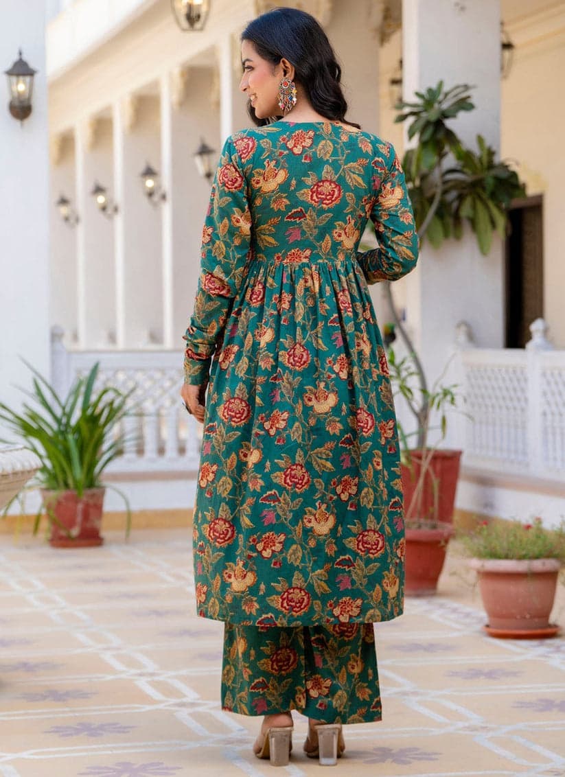 Emerald Green Floral Anarkali Kurta Set with Dupatta for Women | Festive Ethnic Wear - YASHIFASHION
