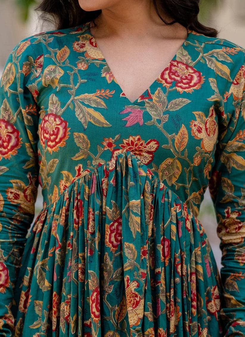 Emerald Green Floral Anarkali Kurta Set with Dupatta for Women | Festive Ethnic Wear - YASHIFASHION