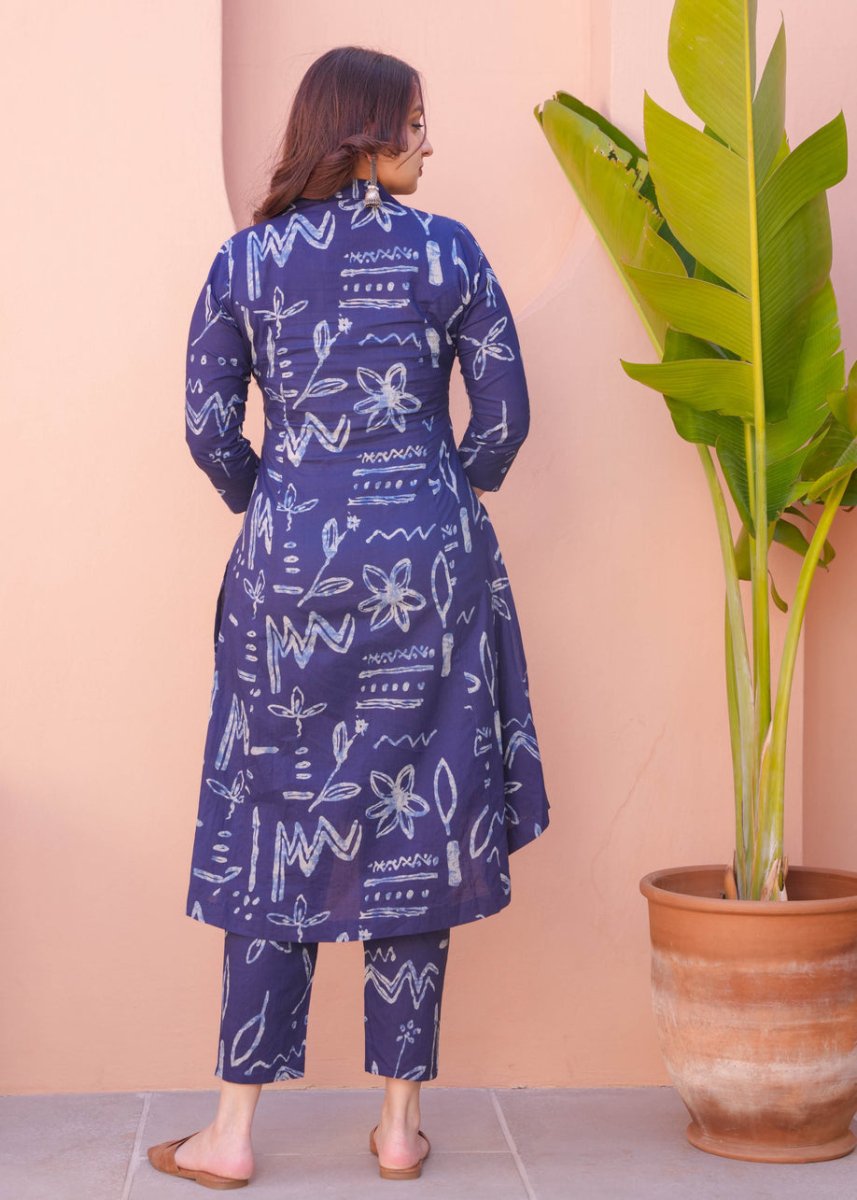 Indigo Blue Abstract Printed A - Line Kurta Pant Set for Women | Casual Ethnic Co - Ord Set with Collar Neck - YASHIFASHION