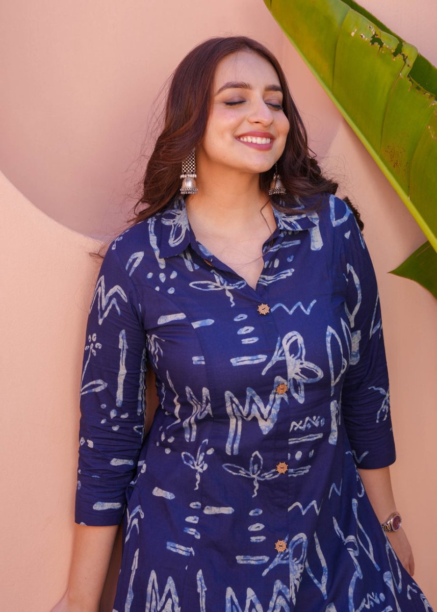 Indigo Blue Abstract Printed A - Line Kurta Pant Set for Women | Casual Ethnic Co - Ord Set with Collar Neck - YASHIFASHION