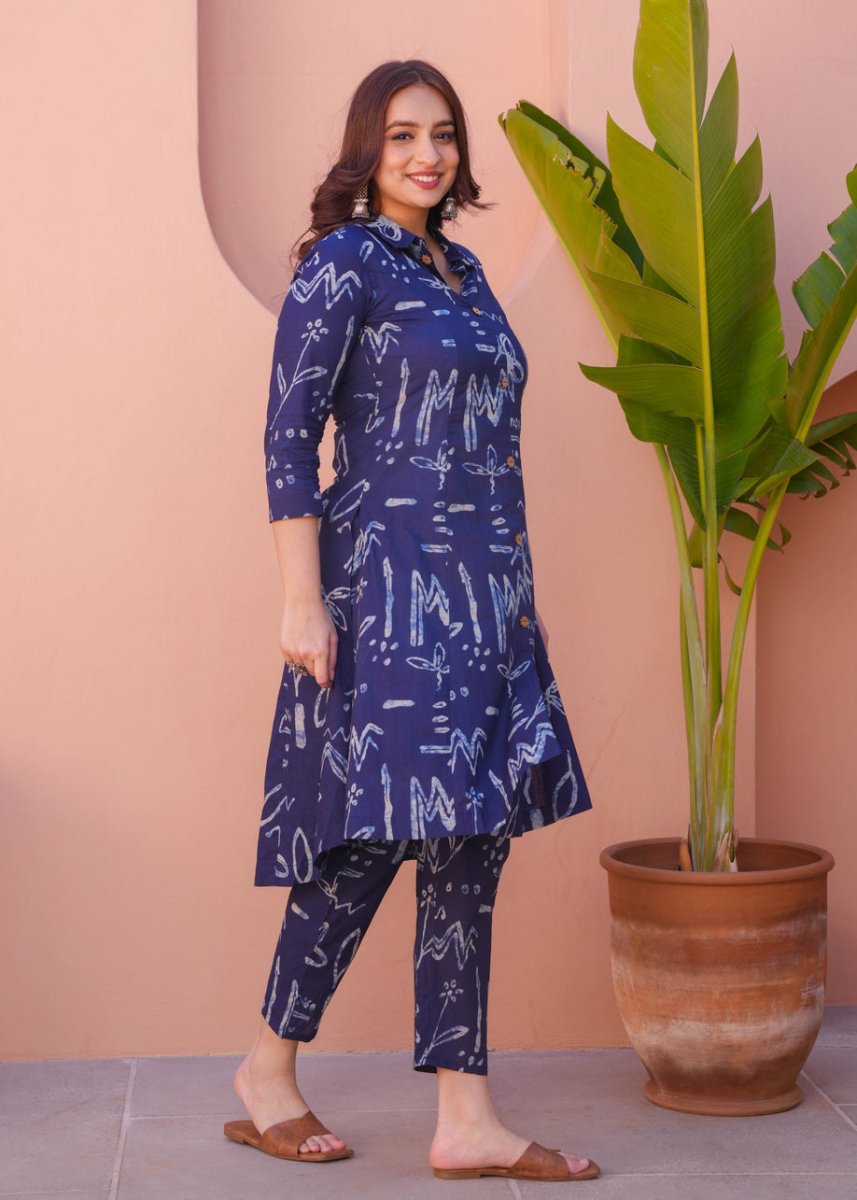 Indigo Blue Abstract Printed A - Line Kurta Pant Set for Women | Casual Ethnic Co - Ord Set with Collar Neck - YASHIFASHION