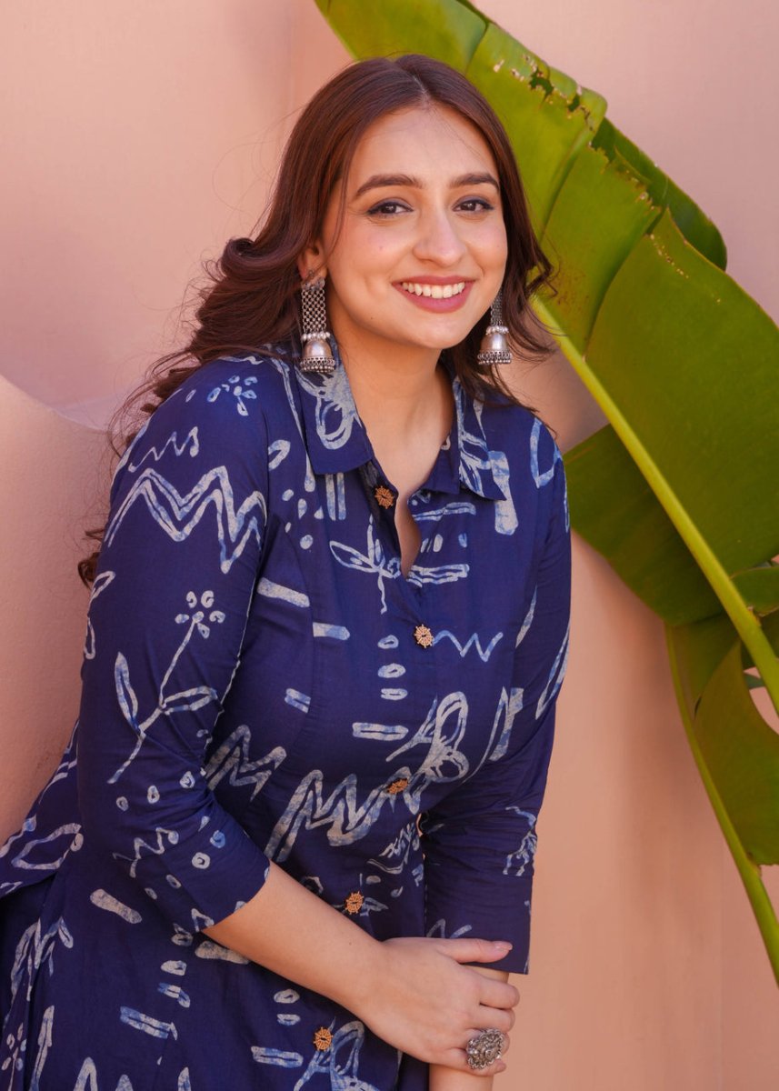 Indigo Blue Abstract Printed A - Line Kurta Pant Set for Women | Casual Ethnic Co - Ord Set with Collar Neck - YASHIFASHION
