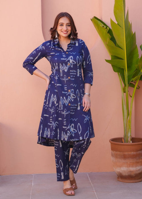 Indigo Blue Abstract Printed A - Line Kurta Pant Set for Women | Casual Ethnic Co - Ord Set with Collar Neck - YASHIFASHION