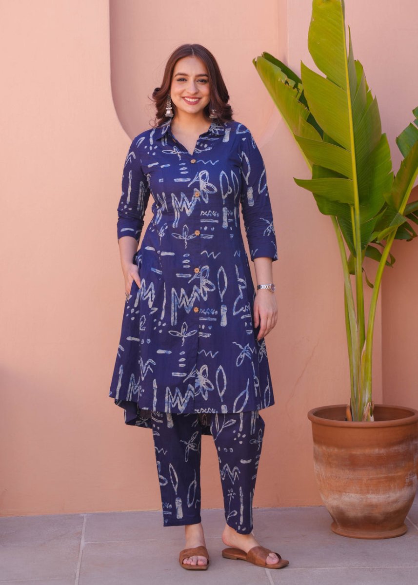 Indigo Blue Abstract Printed A - Line Kurta Pant Set for Women | Casual Ethnic Co - Ord Set with Collar Neck - YASHIFASHION