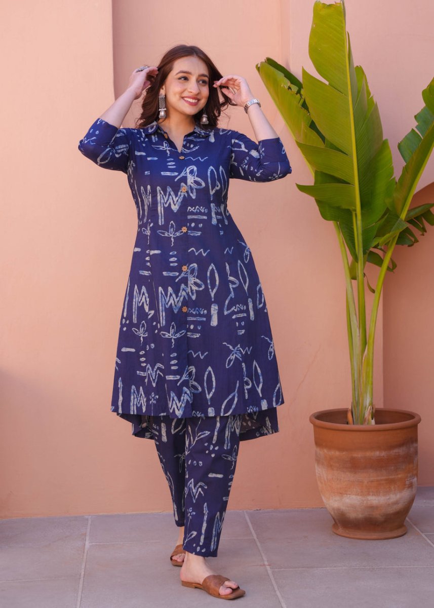 Indigo Blue Abstract Printed A - Line Kurta Pant Set for Women | Casual Ethnic Co - Ord Set with Collar Neck - YASHIFASHION