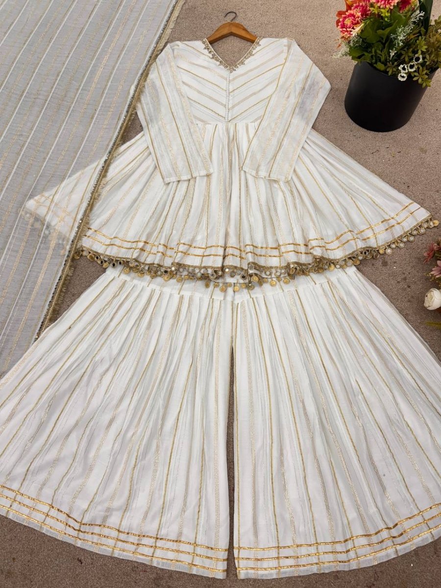 Ivory Mal Chanderi Sharara Set with Dupatta | Mirror Work Festive Suit for Women - YASHIFASHION