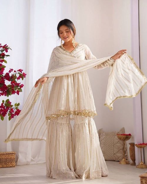 Ivory Mal Chanderi Sharara Set with Dupatta | Mirror Work Festive Suit for Women - YASHIFASHION