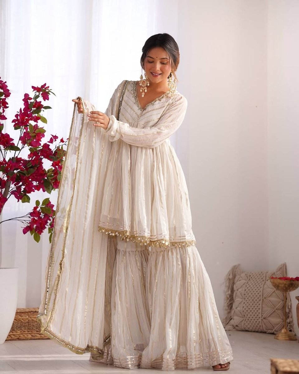 Ivory Mal Chanderi Sharara Set with Dupatta | Mirror Work Festive Suit for Women - YASHIFASHION