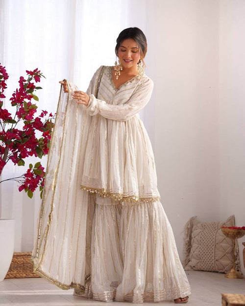 Ivory Mal Chanderi Sharara Set with Dupatta | Mirror Work Festive Suit for Women - YASHIFASHION