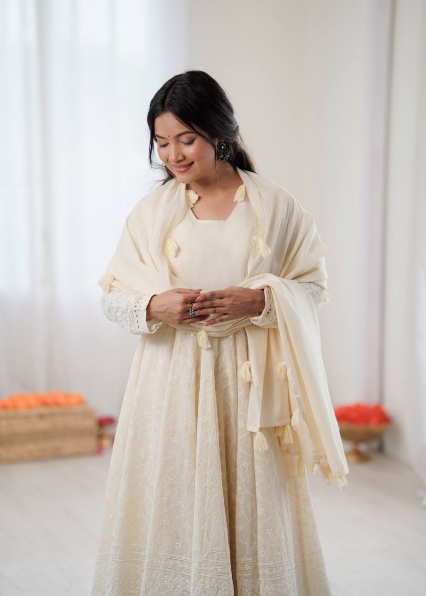 Ivory Pure Kora Cotton Anarkali Gown Set with Dupatta | Schiffli Work Ethnic Wear for Women - YASHIFASHION
