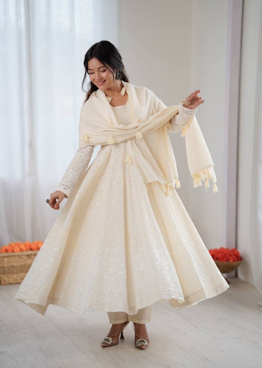 Ivory Pure Kora Cotton Anarkali Gown Set with Dupatta | Schiffli Work Ethnic Wear for Women - YASHIFASHION