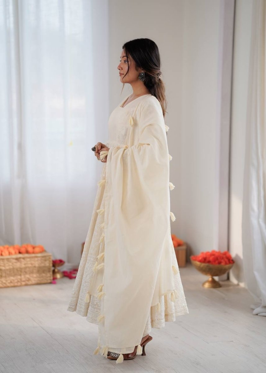 Ivory Pure Kora Cotton Anarkali Gown Set with Dupatta | Schiffli Work Ethnic Wear for Women - YASHIFASHION