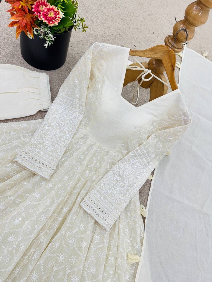 Ivory Pure Kora Cotton Anarkali Gown Set with Dupatta | Schiffli Work Ethnic Wear for Women - YASHIFASHION