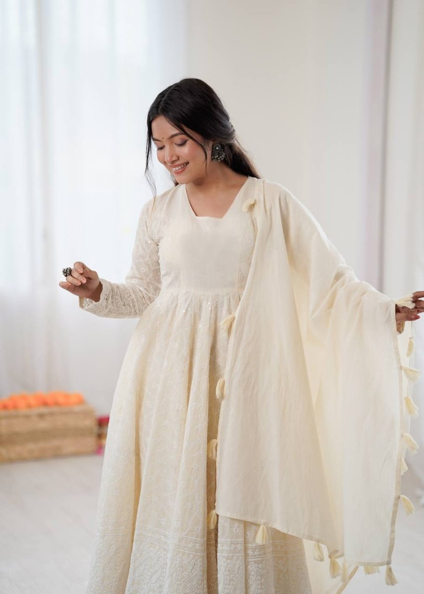 Ivory Pure Kora Cotton Anarkali Gown Set with Dupatta | Schiffli Work Ethnic Wear for Women - YASHIFASHION