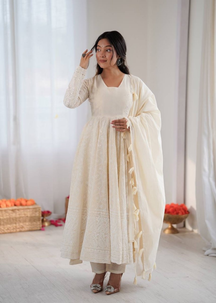 Ivory Pure Kora Cotton Anarkali Gown Set with Dupatta | Schiffli Work Ethnic Wear for Women - YASHIFASHION