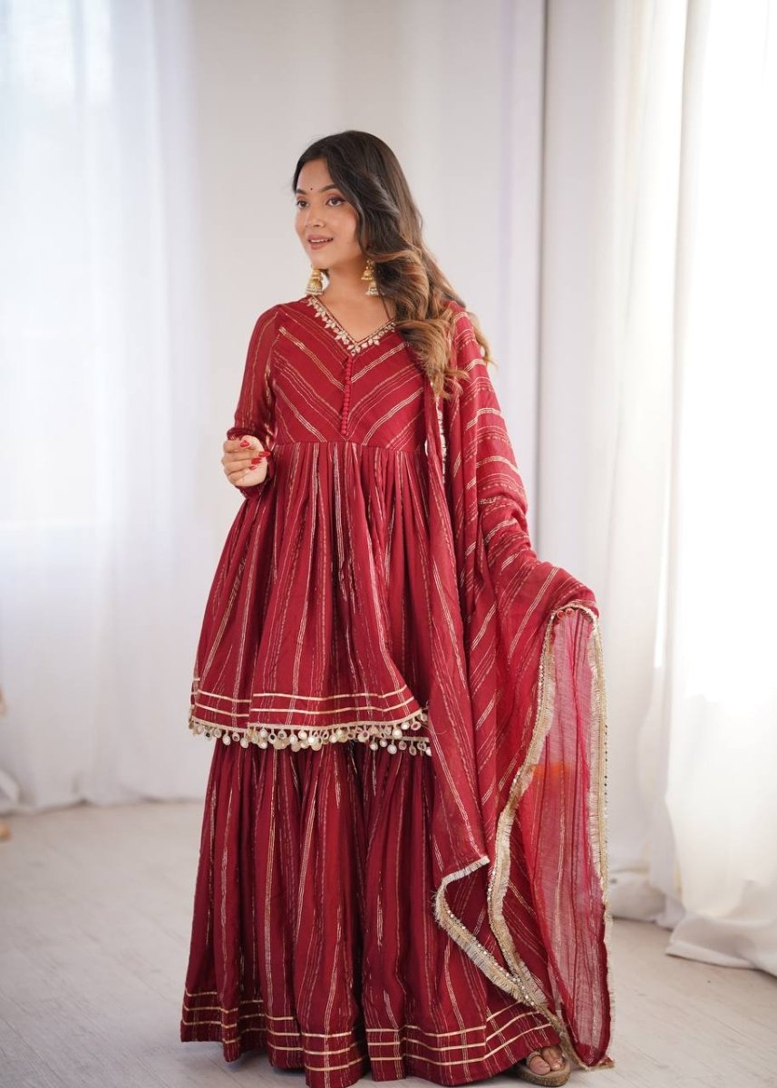 Maroon Mal Chanderi Sharara Set with Dupatta | Mirror Work Festive Suit for Women - YASHIFASHION