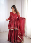 Maroon Mal Chanderi Sharara Set with Dupatta | Mirror Work Festive Suit for Women - YASHIFASHION