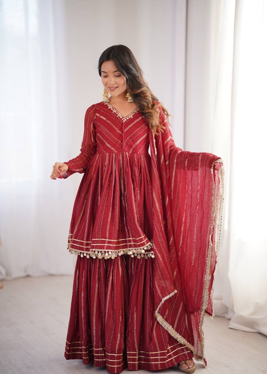 Maroon Mal Chanderi Sharara Set with Dupatta | Mirror Work Festive Suit for Women - YASHIFASHION
