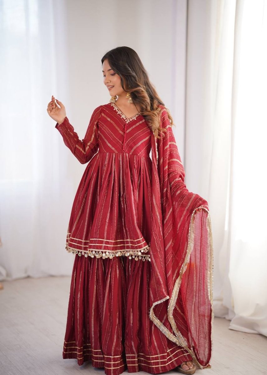 Maroon Mal Chanderi Sharara Set with Dupatta | Mirror Work Festive Suit for Women - YASHIFASHION