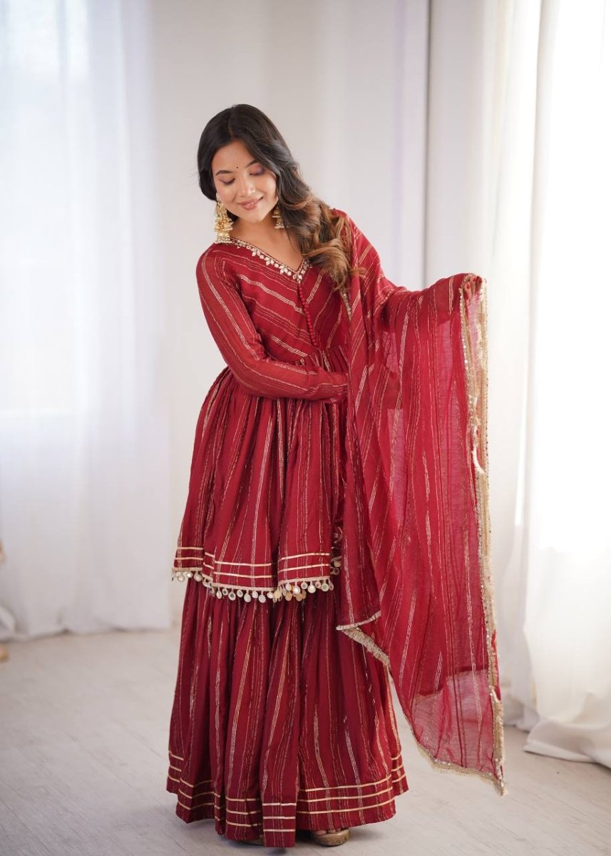 Maroon Mal Chanderi Sharara Set with Dupatta | Mirror Work Festive Suit for Women - YASHIFASHION