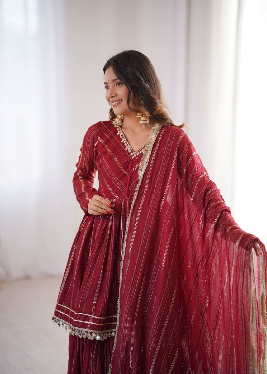 Maroon Mal Chanderi Sharara Set with Dupatta | Mirror Work Festive Suit for Women - YASHIFASHION