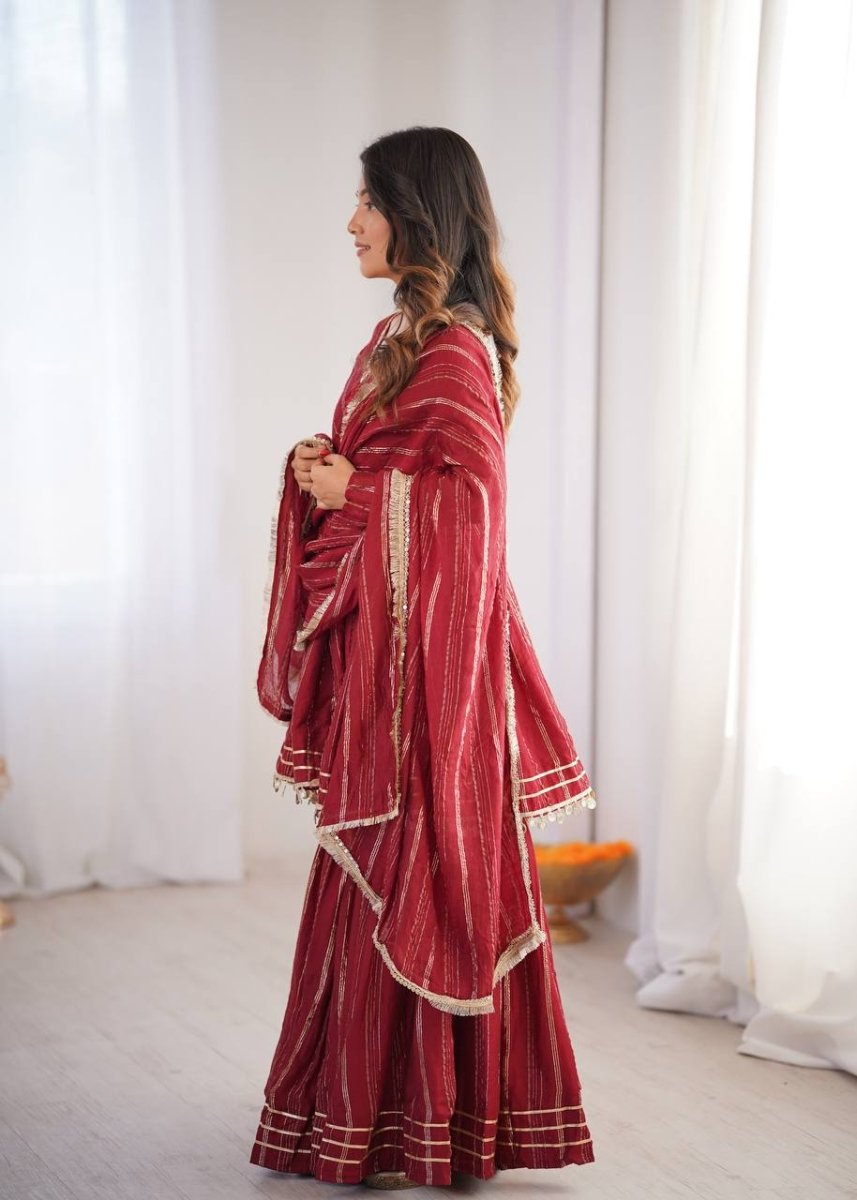 Maroon Mal Chanderi Sharara Set with Dupatta | Mirror Work Festive Suit for Women - YASHIFASHION