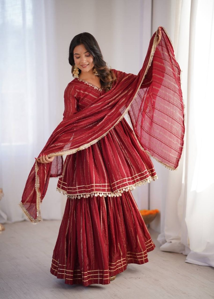 Maroon Mal Chanderi Sharara Set with Dupatta | Mirror Work Festive Suit for Women - YASHIFASHION