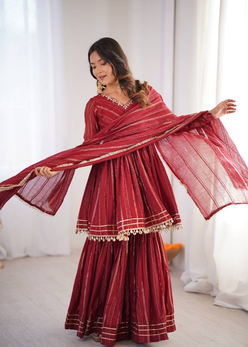 Maroon Mal Chanderi Sharara Set with Dupatta | Mirror Work Festive Suit for Women - YASHIFASHION