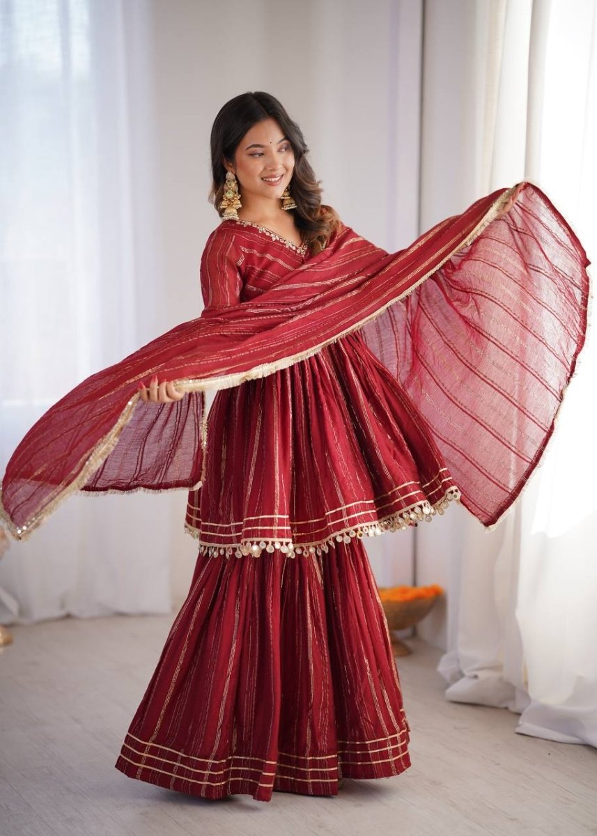 Maroon Mal Chanderi Sharara Set with Dupatta | Mirror Work Festive Suit for Women - YASHIFASHION
