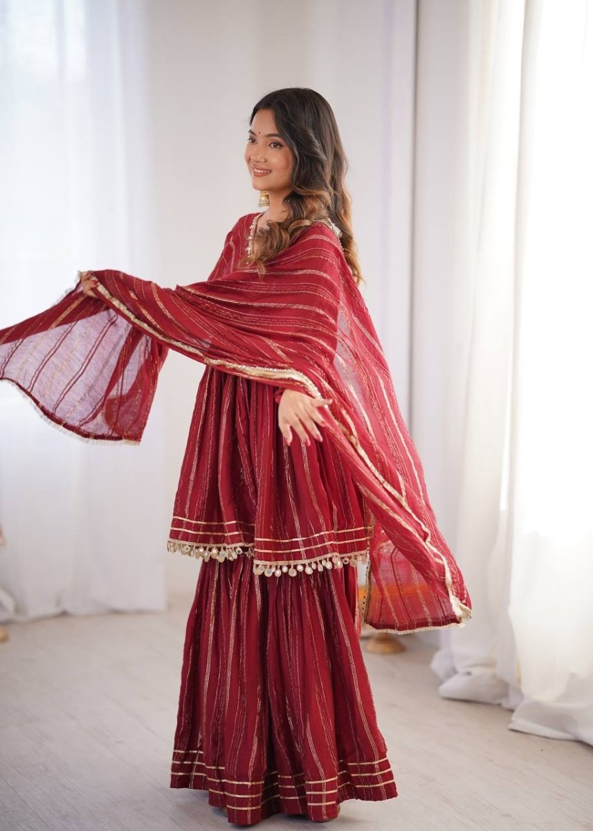 Maroon Mal Chanderi Sharara Set with Dupatta | Mirror Work Festive Suit for Women - YASHIFASHION