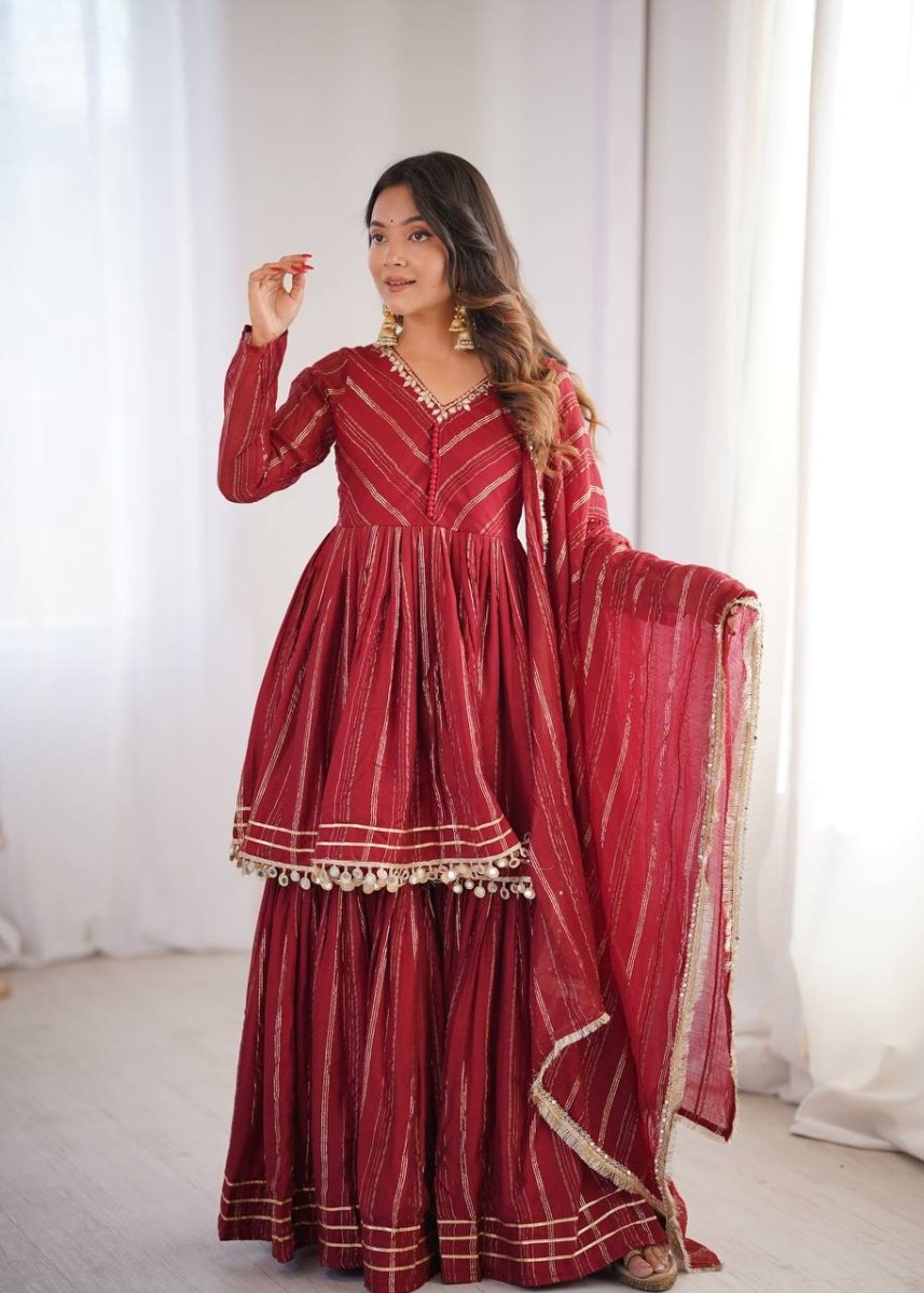 Maroon Mal Chanderi Sharara Set with Dupatta | Mirror Work Festive Suit for Women - YASHIFASHION