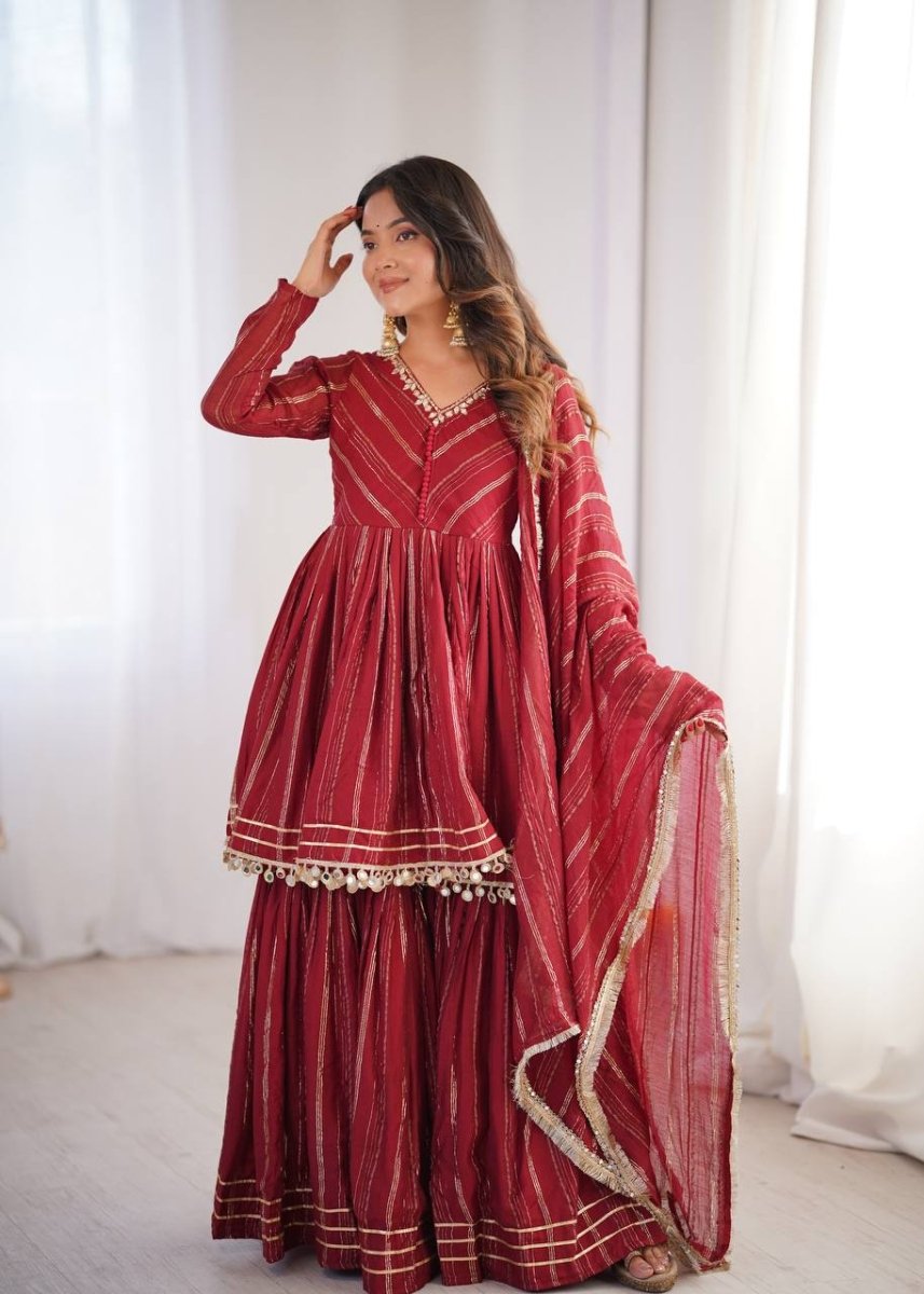 Maroon Mal Chanderi Sharara Set with Dupatta | Mirror Work Festive Suit for Women - YASHIFASHION