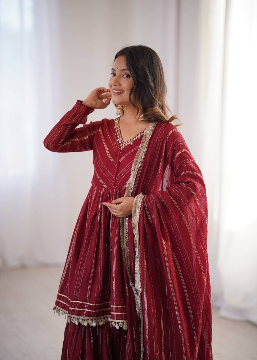 Maroon Mal Chanderi Sharara Set with Dupatta | Mirror Work Festive Suit for Women - YASHIFASHION