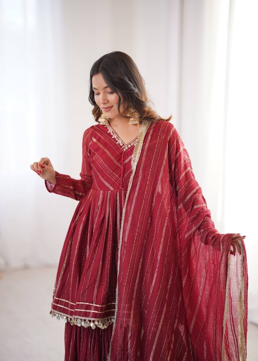 Maroon Mal Chanderi Sharara Set with Dupatta | Mirror Work Festive Suit for Women - YASHIFASHION