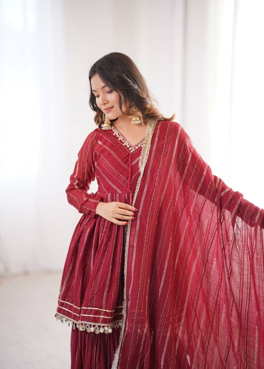 Maroon Mal Chanderi Sharara Set with Dupatta | Mirror Work Festive Suit for Women - YASHIFASHION