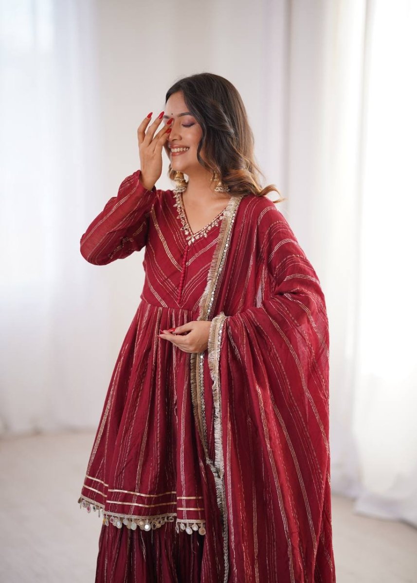 Maroon Mal Chanderi Sharara Set with Dupatta | Mirror Work Festive Suit for Women - YASHIFASHION