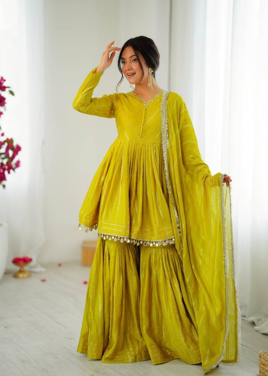 Mustard Yellow Mal Chanderi Sharara Set with Dupatta | Mirror Work Festive Suit for Women - YASHIFASHION