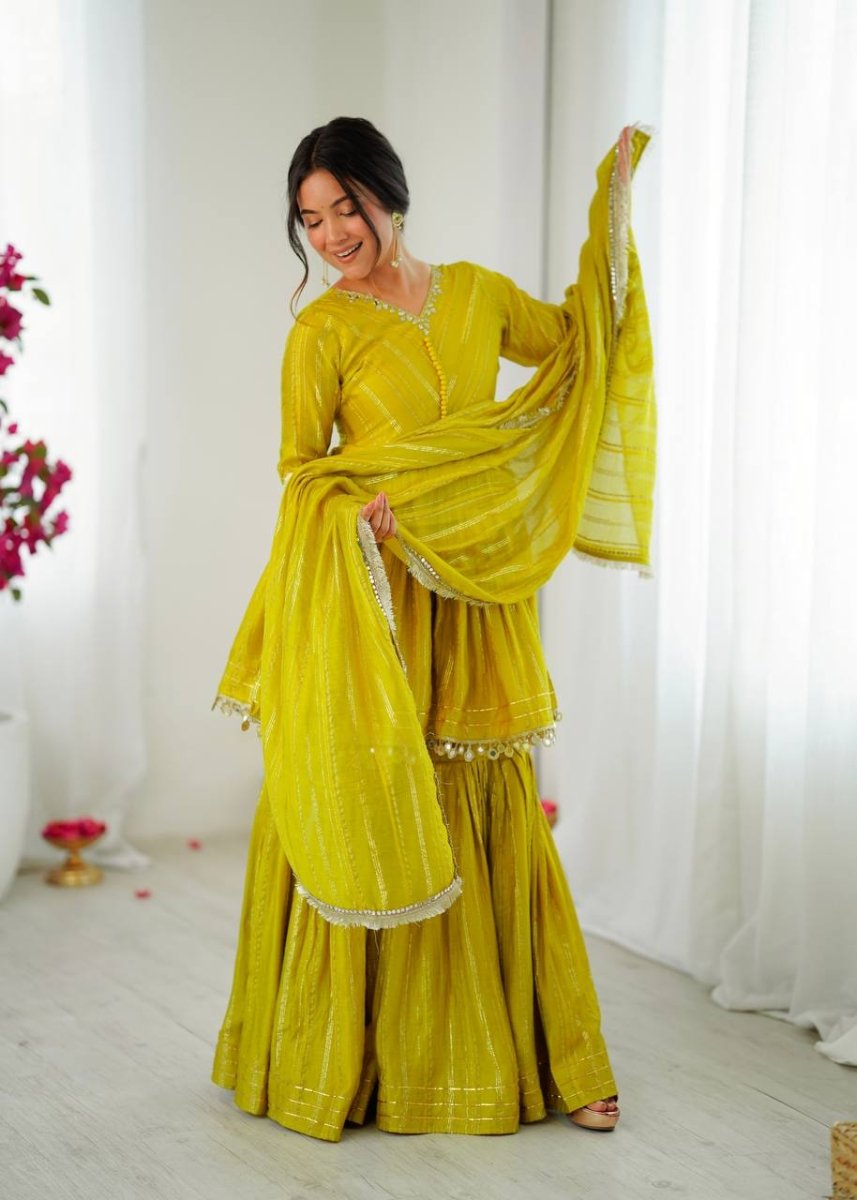 Mustard Yellow Mal Chanderi Sharara Set with Dupatta | Mirror Work Festive Suit for Women - YASHIFASHION