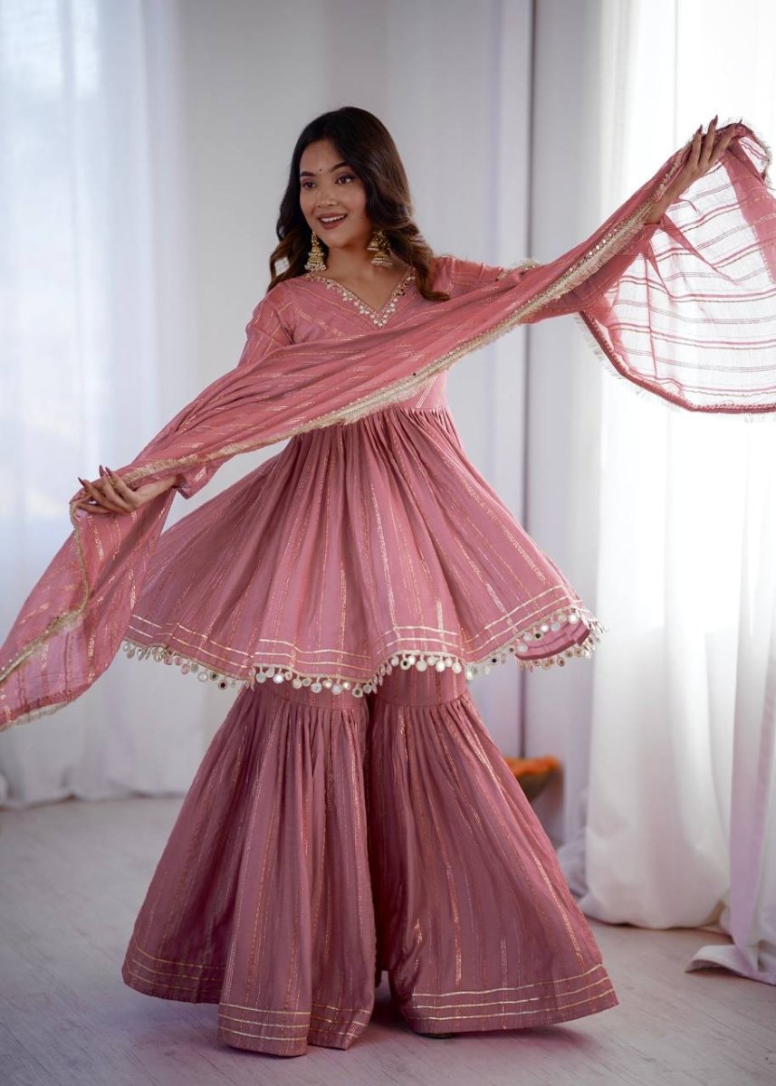 Pink Mal Chanderi Sharara Set with Dupatta | Mirror Work Festive Suit for Women - YASHIFASHION