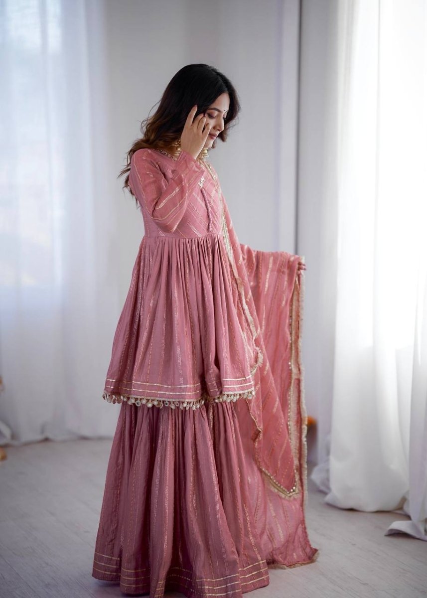 Pink Mal Chanderi Sharara Set with Dupatta | Mirror Work Festive Suit for Women - YASHIFASHION