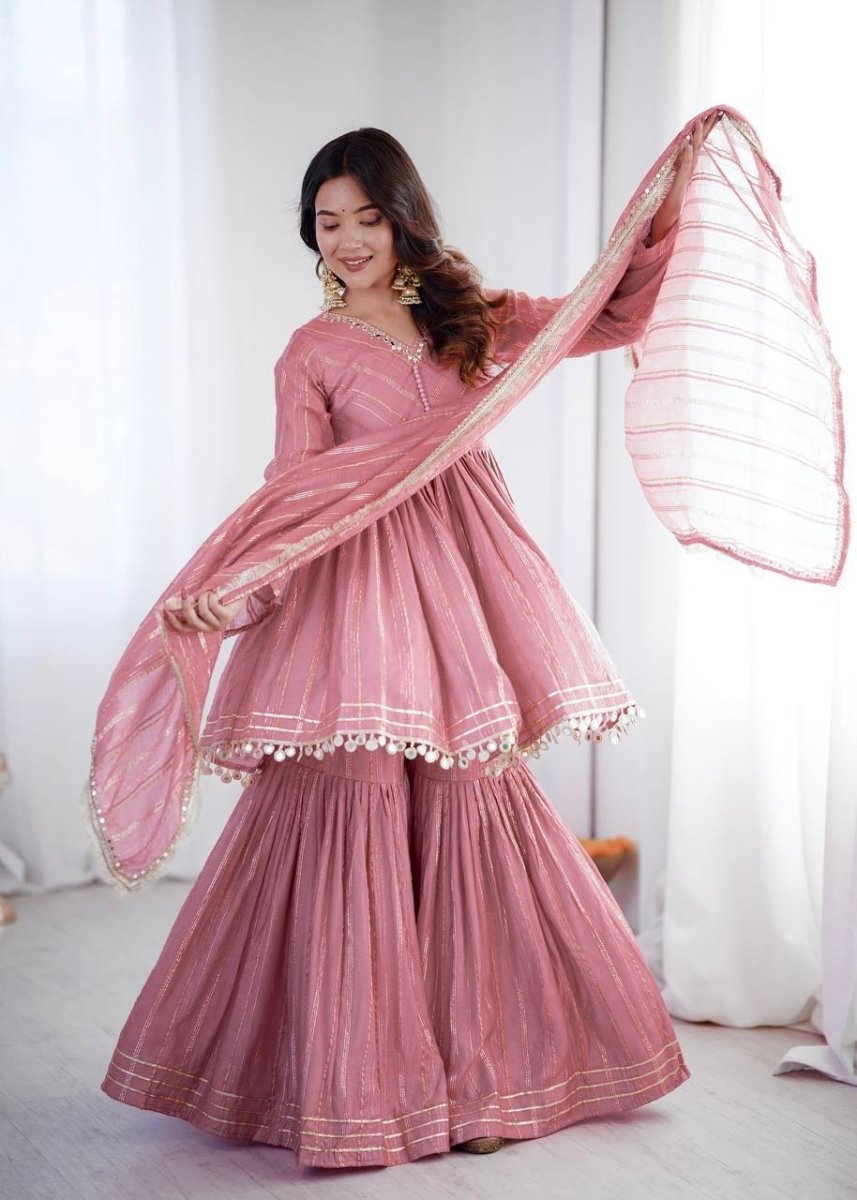 Pink Mal Chanderi Sharara Set with Dupatta | Mirror Work Festive Suit for Women - YASHIFASHION